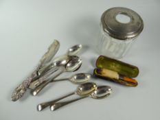 Set of six hallmarked silver teaspoons, silver dressing table pot etc