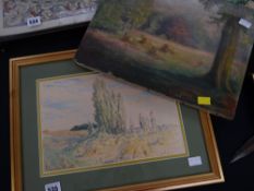 Unframed oil on canvas of a country scene, signed CLAUDE MONET to reverse together with a framed