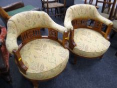 Two Edwardian oak & upholstered salon chairs