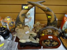 A tray of various decorated & carved Chinese objects, parasols etc