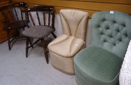 Two upholstered bedroom chairs together with two oak kitchen chairs