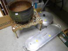 A vintage salmon poacher, saucepan, cast iron cauldron etc