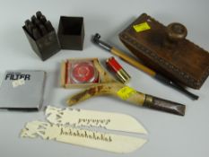 Parcel of curios including blotter, pipe, bone stick handle etc