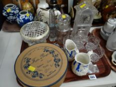 Tray of various glassware including rose bowl, novelty clock, drinking glasses etc