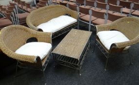 A metal & wicker conservatory suite comprising two-seater sofa, two armchairs & coffee table