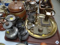 Tray of various metalware including a pewter coffee / teaset, brass tray, brass inkwells, copper ice