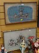 A framed Oriental silk embroidered fan together with two framed examples of beadwork