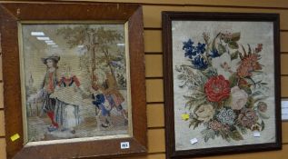 Two framed embroideries - one still life of flowers the other rustic scene