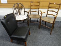 A pair of rush seated & ladderback kitchen chairs together with two others