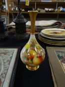 A Royal Worcester narrow neck vase with gilt & painted decoration of fruit, signed