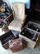 Two wooden bottle crates, quantity of old bottles & a red painted metal petrol can & small child's