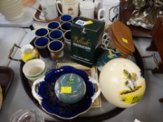 Circular glass tray, Coalport dish, small Aynsley 'Orchard Gold' vase, cloisonne-style drinking cups