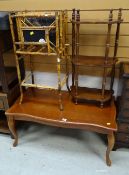 A dark wood Long John coffee table, small whatnot, bamboo decorated magazine rack with shelf