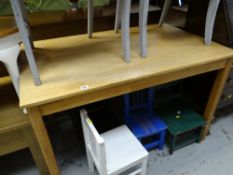 A light oak kitchen table together with two painted armchairs