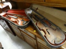 Two vintage cased violins (for restoration) including a Miganni