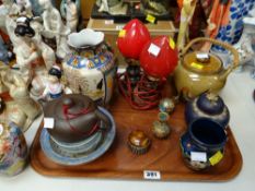 Tray of Oriental decorated items including cloisonne-style ginger jar & small vases, novelty table