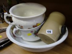Two vintage decorated Staffordshire chamber pots, wash bowl & stone hot water bottle