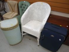 A Loom-style bedroom chair & washing basket together with a suitcase