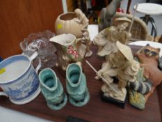 Pair of blue green Toby Jugs, resin Chinese figures, vintage Staffordshire blue & white loving cup