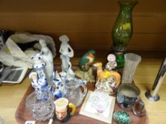 Tray of mixed china & glass including continental figures, Staffordshire flat back of a greyhound