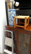 Blue & white ceramic stick stand & contents, small rush stool & small aluminium stepladder