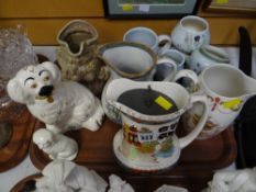 Tray of various pottery including Buchan Scottish pottery, Staffordshire dog, lidded jug etc