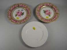 Two floral & gilt decorated Derby plates in the Nantgarw style together with an undecorated