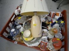 Crate of mixed china & class including mugs, plates, vases, table lamp etc