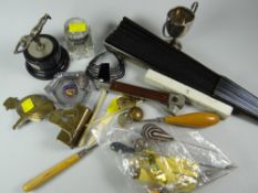 Parcel of collectables including fan, glass ink bottle, Conway Stewart fountain pen etc