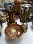 A reproduction miner's lamp & two pieces of modern decorated brass ware