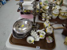 Tray of mixed china & EPNS including two small Dresden ginger jars, Crown Staffordshire basket weave