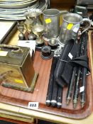 A marble effect mantel clock, pewter tankards camera stands etc