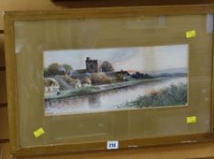 Framed watercolour riverside scene, signed E J MAYBERY