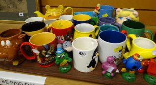 Tray of various novelty Disney & other character mugs & teapots etc