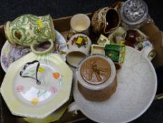Crate of various mixed china including Tuscan pottery jug, cake plate etc