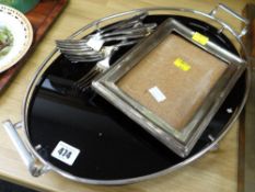 A hallmarked silver photograph frame, vintage EPNS & black glass tray & small parcel of flatware