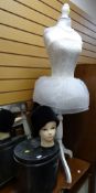 A modern display mannequin, tin hat box & dummy display head