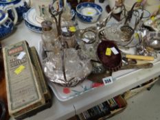 Tray of various EPNS including sugar helmet, berry spoons, condiments, stands & some boxed cutlery