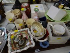 Tray of mixed china including boxed Coalport tankards, Wedgwood etc