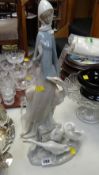 Lladro figure of a female & a lurcher (A/F) together with a Lladro figure of three ducks