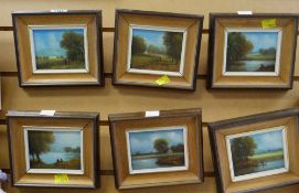 A set of six small framed oils on board by R WITCHARD of country & riverbank scenes