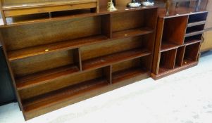 A mahogany long narrow shelving unit together with another shelving unit & barley-twist leg oak side