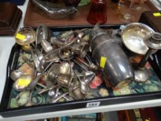 A parcel of various EPNS including cocktail shaker, spoons etc together with a silver hallmarked