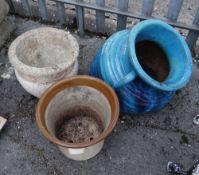 A large blue glazed garden planter & two others (outside)