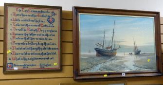 Framed sampler of the Ten Commandments by E HUGHES 1941 together with a framed print on board by