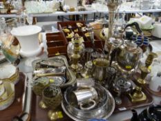 Tray of various metalware including EPNS spirit kettle, epergne, brass candlesticks etc