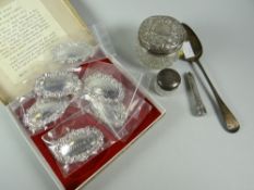 Boxed set of six hallmarked silver decanter labels, silver topped pots, silver spoon etc