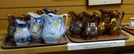 Two trays of various patterned lustre & other jugs