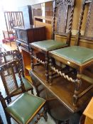A vintage oak drop leaf & barley-twist leg dining table together with four matching carved barley-