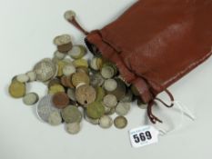 A small leather bag containing many coins including silver content etc